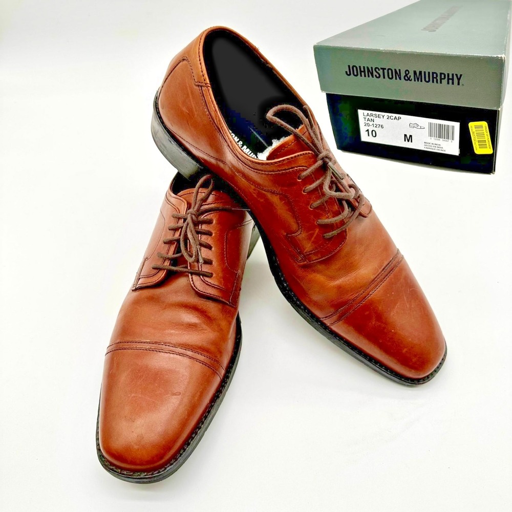 Johnston & Murphy Men's Brown Leather Larsey 2cap Oxford Dress Shoes 10M – & Box